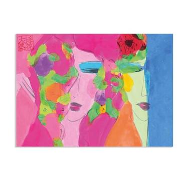 Imagem de Walasse Ting Arte de parede Duas damas com flores Impressão em tela giclée de famosa pintura abstrata colorida presente para decoração de quarto de banheiro moderno 100 x 70 cm (83.8x71.1 cm) pôster