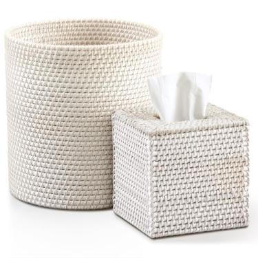 Imagem de Teenyyou 2 peças brancas de lata de lixo de vime e capa de caixa de lenços quadrada, conjunto de cesta tecida à mão em vime acessórios de banheiro para quarto, cozinha, escritório organizador