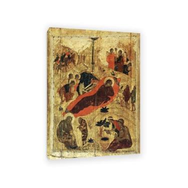 Imagem de Pôster impresso The Nativity By Andrei Rublev Pintura Vintage Tela Andrei Rublev Arte de parede Estética Presente de Natal Decoração de casa para sala de estar igreja Moldura 110x80 cm (109.2x78.7 cm)
