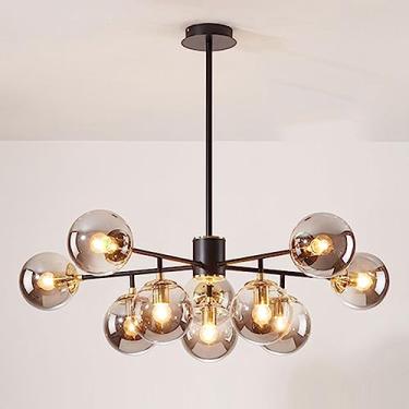 Imagem de Lustre de teto com várias lâmpadas, luminária pendente com esfera de vidro cinza fumê, design criativo para ambientes internos, ideal para sala de estar, quarto e sala de jantar (haste de 20