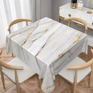 Imagem de TTQYFNM Toalha de mesa quadrada de mármore de 178 x 178 cm, moderna, luxuosa, pedra branca e cinza, textura de mármore dourado, capa de mesa de tecido impermeável para cozinha, sala de jantar