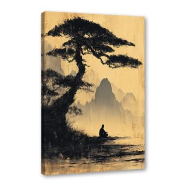 Imagem de Pôster de arte de parede de Buda Zen sombrio Bodhi Pintura de árvore solidão meditação impressão em tela estilo chinês vintage arte de parede espiritual decoração de escritório doméstico (SKU2,12 x 16