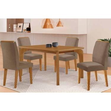 Imagem de Mesa Cozinha Londrina c/ Tampo Madeirado Canto Curvo 120x90cm e 4 Cadeiras Dakota Madeira Maciça Naturale - Capuccino/Suede Capuccino-Rufato