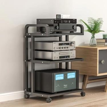 Imagem de Suporte de mídia AV móvel de 3 níveis, amplificador de potência, rack de armazenamento de componentes estéreos, torre de áudio de canto com prateleira de madeira e estrutura de aço para casa