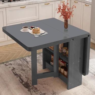 Imagem de Mesa de cozinha dobrável de madeira maciça, mesa de jantar de folhas caídas com prateleira de armazenamento de 2 camadas, mesa de jantar dobrável em 3 formas, mesa de jantar versátil e dobrável, mesa
