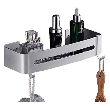 Imagem de Prateleira de canto de banheiro com 2 ganchos cesta de armazenamento de chuveiro montada na parede prateleira de chuveiro de alumínio organizador de chuveiro para cozinha