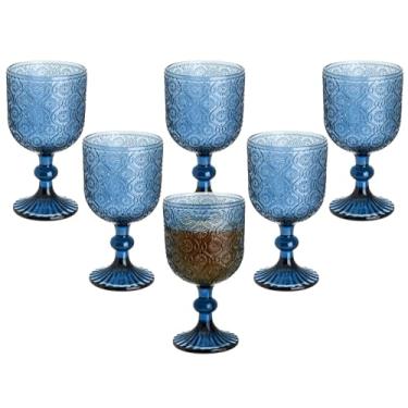 Imagem de Conjunto de 6 taças de vinho em relevo de flor azul, taças de água de vidro colorido vintage de 340 g, padrão floral exclusivo, vidro de haste alta transparente, para festa de casamento, bar, copos