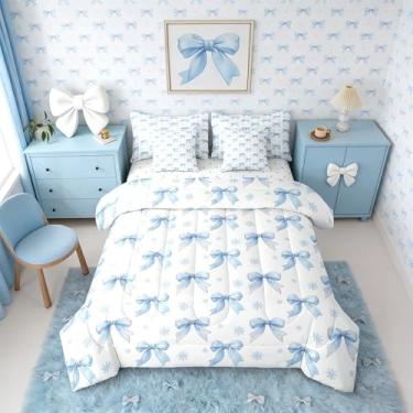 Imagem de Erosebridal Conjunto de cama infantil de 7 peças com laço azul | Conjunto de edredom infantil com fita de laço, conjunto de edredom com lençol kawaii em uma bolsa
