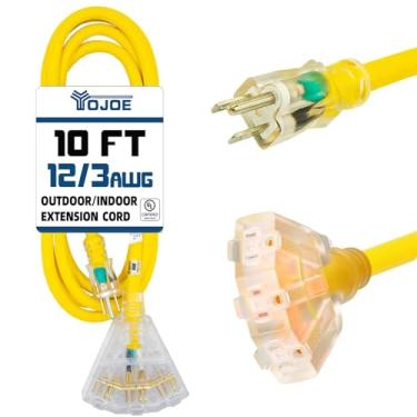 Imagem de YOJOE Cabo de extensão amarelo de 3 metros iluminado 12/3 com 3 tomadas cabo de extensão de calibre SJTW 12 Gauge com plugue terra de 3 pinos