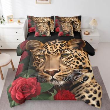 Imagem de Erosebridal Jogo de cama de casal com estampa de gato grande e leopardo, 7 peças, com estampa de oncinha e rosa vermelha, conjunto de lençol e edredom romântico, animais africanos ocidentais