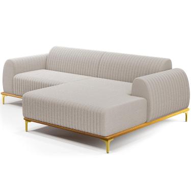 Imagem de Sofá 5 Lugares com Chaise Direito Para Sala de Estar Molino 350cm D02 Base Castanho Pés D'ouro Bouclê Creme B-54 - Lyam Decor