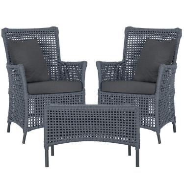 Imagem de 2 Poltronas E 1 Mesa Igapó Alumínio Preta Corda Náutica E11 Prata