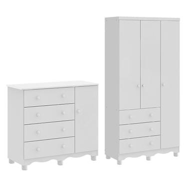 Imagem de Jogo De Quarto Infantil Júnior Guarda Roupa 3 Portas E Cômoda 1 Porta Branco Brilho - Móveis Peroba