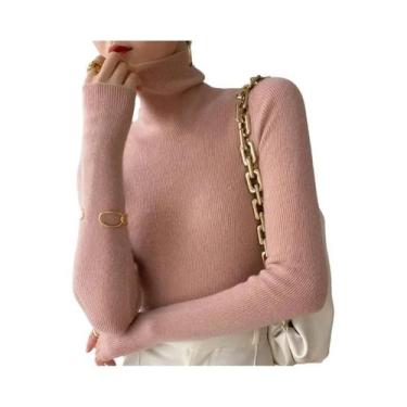 Imagem de Suéter Feminino Marrom De Gola Alta, Tricô Slim Fit, Casual, Pullover 