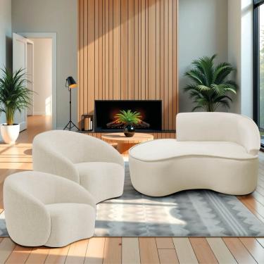 Imagem de Kit Divã Recamier Orgânico Marrocos 150cm Lado Esquerdo E 2 Poltronas Amore Bouclé Bege