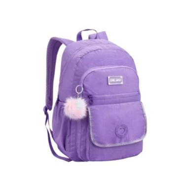 Imagem de Mochila Escolar com Bolso Frontal e Lateral Lilás com Pompom Grande Vo