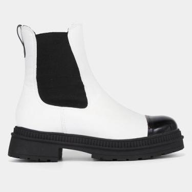 Imagem de Bota Chelsea Shoestock Tratorada Cano Médio Feminina, Preto, Branco, 3