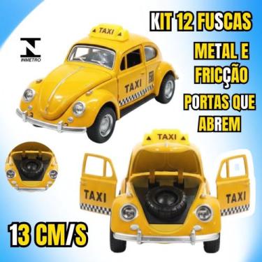 Imagem de Kit 12 Miniaturas Fusca Táxi 13cm  Metal, Fricção e Portas Que Abrem  