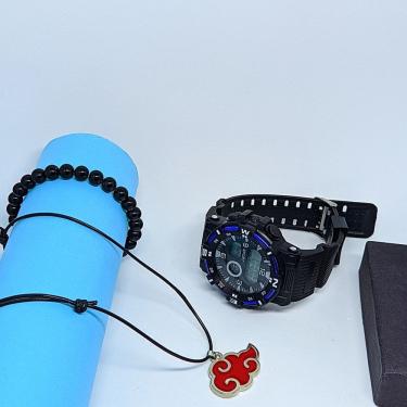 Imagem de Kit Relógio Infantil Militar Esportivo Digital 12/24h Cronômetro Alarme LED + Conjunto Colar ajustável Naruto + Pulseira