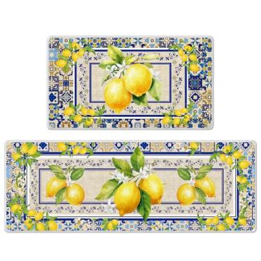 Imagem de InIsaJace Conjunto de 2 tapetes de cozinha mediterrâneos amarelos e azuis, antiderrapantes para o chão, tapete decorativo de limão para decoração de casa (40 x 71 + 40 x 128 cm)