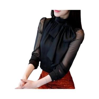Imagem de Túnica Feminina Branca e Preta - Manga Longa, Gola Alta com Laço e Chi