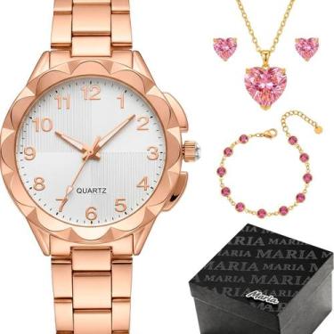 Imagem de Relogio Feminino Banhado Inox Aco + Colar Pulseira 18k strass social p
