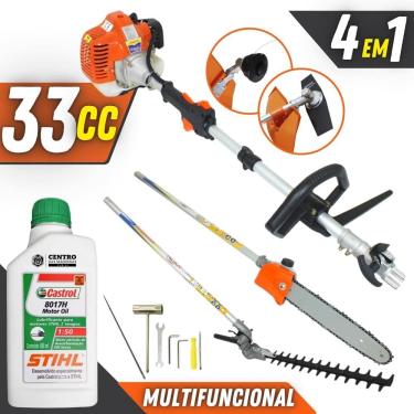 Imagem de Roçadeira Multifuncional Com ÓLEO STIHL VRM330 Vulcan C/ Faca 2 Pontas e Cabeçote Nylon + Motopodador de Galhos e Podador de Cerca Viva