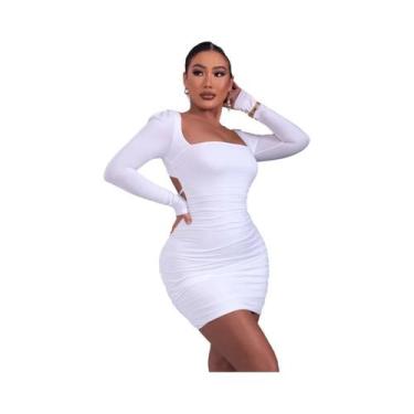 Imagem de Vestido Mini Bodycon Branco De Manga Longa Para Mulheres, Decote Quadr