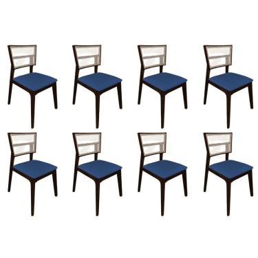 Imagem de Kit 8 Cadeiras De Jantar Tela Premium Madeira Maciça Manuela Azul Veludo Castanho