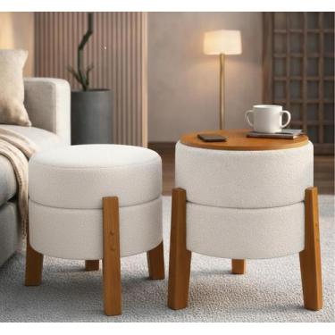 Imagem de Conjunto Puff Banqueta Soft Bouclé Redondo Pés Madeira Mesa de Apoio 2