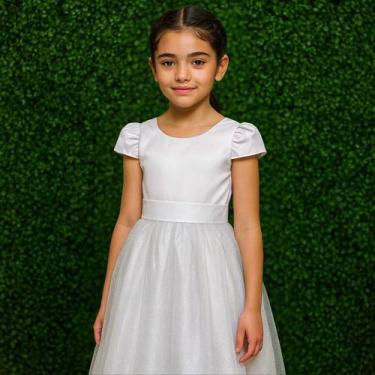 Imagem de Vestido Midi Branco de Luxo com Tule Brilhante e Faixa Fixa Infantil D