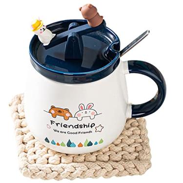 Imagem de Caneca de astronauta com colher de urso de cerâmica xícara de café de cerâmica de desenho infantil caneca de leite xícara de chá presente de aniversário escritório casa (amizade gangorra azul escuro)