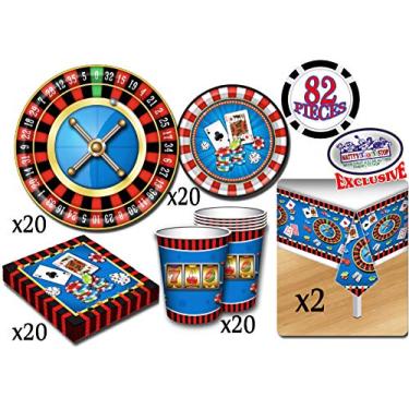 Imagem de Conjunto de suprimentos de festa temáticos para cassino de luxo para 20 pessoas, inclui 20 pratos grandes, 20 pratos pequenos, 20 guardanapos, 20 copos e 2 capas de mesa – Perfeito para cassino à noite ou aniversário (82 peças no total)