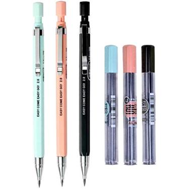 Imagem de 3 peças de lápis mecânico de 2,0 mm com 18 peças de refis de chumbo preto, lápis automáticos para escrever, desenho, artesanato, esboço, presente de estudante, material escolar, cor aleatória