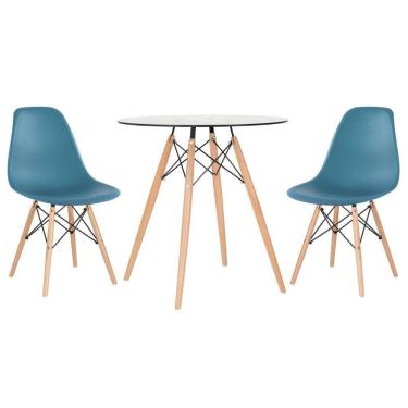 Imagem de Mesa Redonda Eames Com Tampo De Vidro 70 Cm + 2 Cadeiras Eiffel Dsw Turquesa