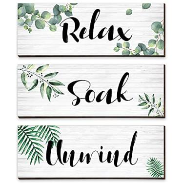 Imagem de Blulu Arte de parede botânica verde sálvia de 3 peças - relaxe, mergulhe e relaxe - estilo fazenda - arte de pendurar em madeira para banheiro, quarto, sala de estar (28 x 10 x 0,5 polegadas)