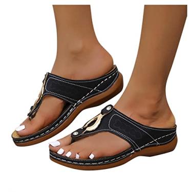 Imagem de Sandálias femininas Gibobby com salto plataforma romano confortáveis sandálias de fundo plano sem cadarço com clipe no dedo do pé sandálias de verão com tiras em T, X02 - Preto, 6.5-7