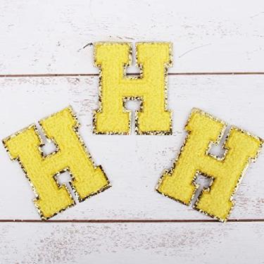 Imagem de Pacote com 3 adesivos de Chenille Iron On Glitter Varsity 5 cm de altura "H" - Tecido de chenille amarelo com acabamento em glitter dourado - Costurar ou passar a ferro - 5 cm YEL H