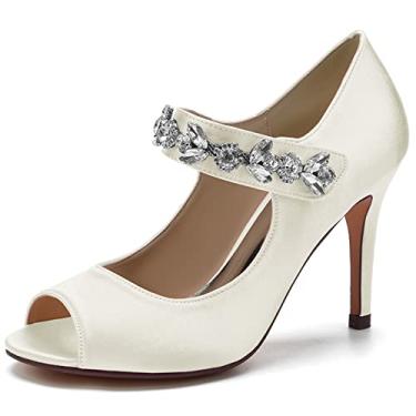 Imagem de Sapatos de casamento de noiva de cetim feminino escarpins peep toe com strass salto agulha alto marfim sapatos sociais 35-43,Ivory,3 UK/36 EU