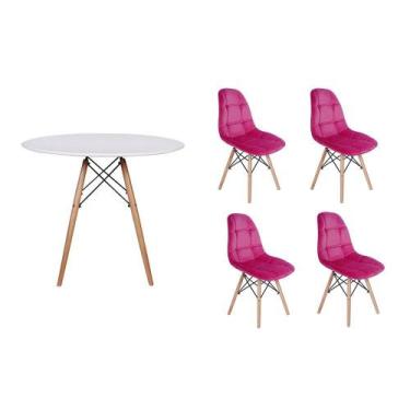 Imagem de Kit Mesa Jantar Eiffel 80cm Branca + 04 Cadeiras Botonê Veludo - Rosa