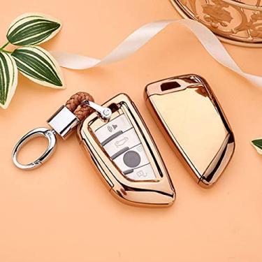 Imagem de CSHU TPU Car Key Case Cover Chaveiro Ring Key Bag, apto para BMW X5 F15 X6 F16 G30 7 G11 X1 F48 F39, ouro com chaveiro