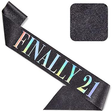 Imagem de CORRURE Faixa de aniversário "Finally 21" com glitter - Faixa preta com folha multicolorida de aniversário de 21 anos para homens e mulheres - Ideal para lembrancinhas de festa de 21 anos