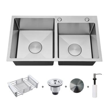 Imagem de Kit Cuba Dupla Gourmet com Acessórios Solo201-DI Dosador e Válvulas e Escorredor e Tampas Decorativas Arell - Inox Escovado
