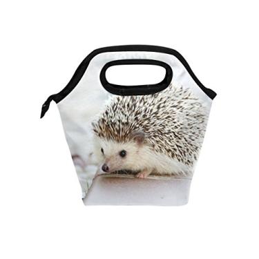 Imagem de Bolsa de almoço de neoprene com estampa de dinossauros pretos e isolamento reutilizável, à prova d'água, para escola, piquenique, transporte Gourmet, lancheira, recipiente, organizador para homens, mulheres, adultos, crianças, meninas, meninos, Hedgehog, One Size