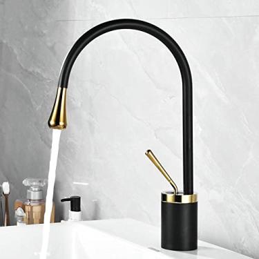 Imagem de Torneira de lavatório estilo gota de latão escovado torneiras de banheiro torneira misturadora quente e fria 360 torneiras giratórias em cascata, ouro preto curto