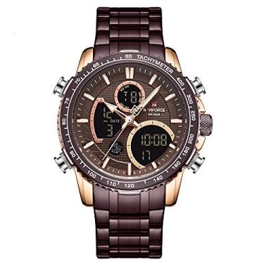 Imagem de NAVIFORCE Relógio digital masculino de luxo de aço inoxidável, analógico, quartzo, à prova d'água, moderno, cronógrafo, militar, multifuncional, relógio de pulso, Ouro rosa + café,