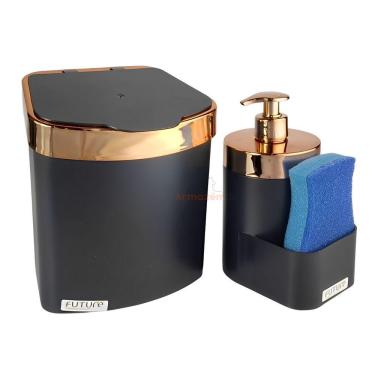 Imagem de Kit Lixeira 2,5L Dispenser Porta Detergente Líquido Esponja Para Pia Cozinha Preto Rose Gold - Future