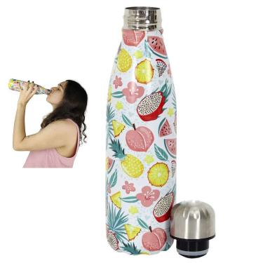 Imagem de Garrafa Termica Estampa Frutas Flores Inox 500ml Florido Floral Dia a Dia Trabalho Academia Corrida Caminhada Squeeze Agua Gelada Resistente Portatil