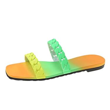 Imagem de Sandálias de dedo aberto respiráveis para mulheres elegantes primavera colorido corrente de verão e sandálias planas chinelos de praia chinelos femininos (verde, 8)