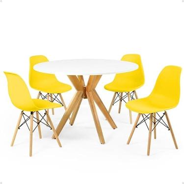 Imagem de Conjunto Mesa de Jantar Redonda Marci Branca 100cm com 4 Cadeiras Eames Eiffel - Amarelo